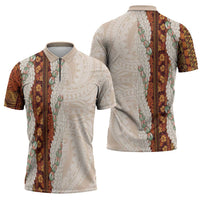 Aloha Hawaii Mikioi Lei Zipper Polo Shirt Cattail Red Tropical Flower Pattern - Polynesian Pride