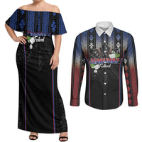 Mabuhay Philippines Festival Couples Matching Off Shoulder Maxi Dress and Long Sleeve Button Shirt Filipino Map Sampaguita Igorot Pattern LT14 Black - Polynesian Pride