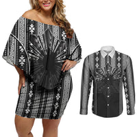 Mabuhay Philippines Festival Couples Matching Off Shoulder Short Dress and Long Sleeve Button Shirt Filipino Map Black White Igorot Pattern LT14 Black - Polynesian Pride