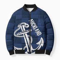 New Zealand Auckland Football Custom Bomber Puffer Jacket Navy Blue City Anchor Sky Tower Symbol - Polynesian Pride