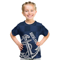 New Zealand Auckland Football Custom Kid T Shirt Navy Blue City Anchor Sky Tower Symbol - Polynesian Pride