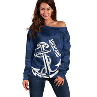 New Zealand Auckland Football Custom Off Shoulder Sweater Navy Blue City Anchor Sky Tower Symbol - Polynesian Pride