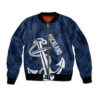 New Zealand Auckland Football Custom Sleeve Zip Bomber Jacket Navy Blue City Anchor Sky Tower Symbol - Polynesian Pride