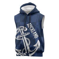 New Zealand Auckland Football Custom Sleeveless Hoodie Navy Blue City Anchor Sky Tower Symbol - Polynesian Pride