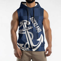New Zealand Auckland Football Custom Sleeveless Hoodie Navy Blue City Anchor Sky Tower Symbol - Polynesian Pride