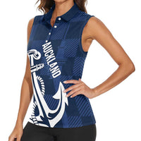 New Zealand Auckland Football Custom Women Sleeveless Polo Shirt Navy Blue City Anchor Sky Tower Symbol - Polynesian Pride