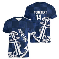 New Zealand Auckland Football Custom Women V-Neck T-Shirt Navy Blue City Anchor Sky Tower Symbol - Polynesian Pride