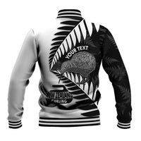 New Zealand Silver Fern Curling Personalised Baseball Jacket Aotearoa Kiwi Ponga Black White Version LT14 - Polynesian Pride