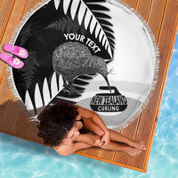 New Zealand Silver Fern Curling Personalised Beach Blanket Aotearoa Kiwi Ponga Black White Version LT14 - Polynesian Pride