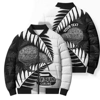 New Zealand Silver Fern Curling Personalised Bomber Puffer Jacket Aotearoa Kiwi Ponga Black White Version LT14 - Polynesian Pride