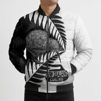 New Zealand Silver Fern Curling Personalised Bomber Puffer Jacket Aotearoa Kiwi Ponga Black White Version LT14 - Polynesian Pride