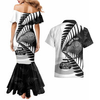 New Zealand Silver Fern Curling Personalised Couples Matching Mermaid Dress and Hawaiian Shirt Aotearoa Kiwi Ponga Black White Version - Polynesian Pride