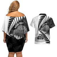 New Zealand Silver Fern Curling Personalised Couples Matching Off Shoulder Short Dress and Hawaiian Shirt Aotearoa Kiwi Ponga Black White Version - Polynesian Pride