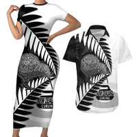 New Zealand Silver Fern Curling Personalised Couples Matching Short Sleeve Bodycon Dress and Hawaiian Shirt Aotearoa Kiwi Ponga Black White Version - Polynesian Pride