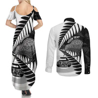 New Zealand Silver Fern Curling Personalised Couples Matching Summer Maxi Dress and Long Sleeve Button Shirt Aotearoa Kiwi Ponga Black White Version - Polynesian Pride
