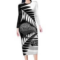 New Zealand Silver Fern Curling Personalised Family Matching Long Sleeve Bodycon Dress and Hawaiian Shirt Aotearoa Kiwi Ponga Black White Version - Polynesian Pride
