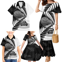 New Zealand Silver Fern Curling Personalised Family Matching Mermaid Dress and Hawaiian Shirt Aotearoa Kiwi Ponga Black White Version - Polynesian Pride
