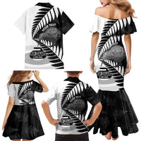 New Zealand Silver Fern Curling Personalised Family Matching Mermaid Dress and Hawaiian Shirt Aotearoa Kiwi Ponga Black White Version - Polynesian Pride