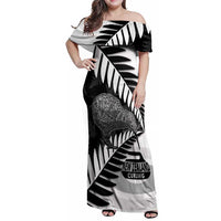 New Zealand Silver Fern Curling Personalised Family Matching Off Shoulder Maxi Dress and Hawaiian Shirt Aotearoa Kiwi Ponga Black White Version - Polynesian Pride