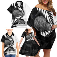 New Zealand Silver Fern Curling Personalised Family Matching Off Shoulder Short Dress and Hawaiian Shirt Aotearoa Kiwi Ponga Black White Version - Polynesian Pride