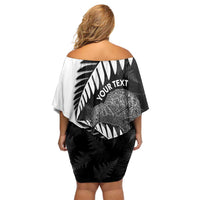 New Zealand Silver Fern Curling Personalised Family Matching Off Shoulder Short Dress and Hawaiian Shirt Aotearoa Kiwi Ponga Black White Version - Polynesian Pride