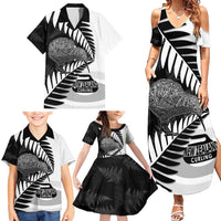 New Zealand Silver Fern Curling Personalised Family Matching Summer Maxi Dress and Hawaiian Shirt Aotearoa Kiwi Ponga Black White Version - Polynesian Pride