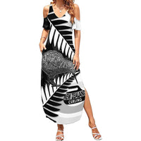 New Zealand Silver Fern Curling Personalised Family Matching Summer Maxi Dress and Hawaiian Shirt Aotearoa Kiwi Ponga Black White Version - Polynesian Pride