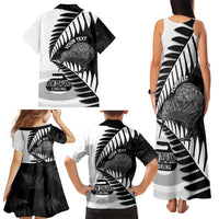 New Zealand Silver Fern Curling Personalised Family Matching Tank Maxi Dress and Hawaiian Shirt Aotearoa Kiwi Ponga Black White Version - Polynesian Pride