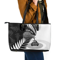 New Zealand Silver Fern Curling Personalised Leather Tote Bag Aotearoa Kiwi Ponga Black White Version - Polynesian Pride