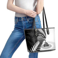 New Zealand Silver Fern Curling Personalised Leather Tote Bag Aotearoa Kiwi Ponga Black White Version - Polynesian Pride