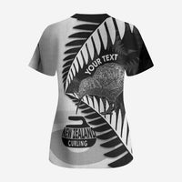 New Zealand Silver Fern Curling Personalised Scrub Top Aotearoa Kiwi Ponga Black White Version LT14 - Polynesian Pride
