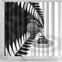New Zealand Silver Fern Curling Personalised Shower Curtain Aotearoa Kiwi Ponga Black White Version LT14 - Polynesian Pride
