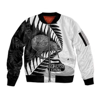 New Zealand Silver Fern Curling Personalised Sleeve Zip Bomber Jacket Aotearoa Kiwi Ponga Black White Version LT14 Unisex Black - Polynesian Pride