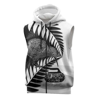 New Zealand Silver Fern Curling Personalised Sleeveless Zip Hoodie Aotearoa Kiwi Ponga Black White Version LT14 Black - Polynesian Pride