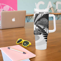 New Zealand Silver Fern Curling Personalised Tumbler With Handle Aotearoa Kiwi Ponga Black White Version LT14 - Polynesian Pride