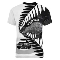 New Zealand Silver Fern Curling Personalised Women V-Neck T-Shirt Aotearoa Kiwi Ponga Black White Version - Polynesian Pride