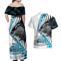 New Zealand Silver Fern Curling Personalised Couples Matching Off Shoulder Maxi Dress and Hawaiian Shirt Aotearoa Kiwi Ponga Paua Shell Version - Polynesian Pride