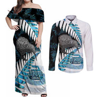 New Zealand Silver Fern Curling Personalised Couples Matching Off Shoulder Maxi Dress and Long Sleeve Button Shirt Aotearoa Kiwi Ponga Paua Shell Version - Polynesian Pride