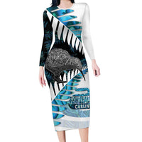 New Zealand Silver Fern Curling Personalised Family Matching Long Sleeve Bodycon Dress and Hawaiian Shirt Aotearoa Kiwi Ponga Paua Shell Version - Polynesian Pride