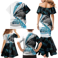 New Zealand Silver Fern Curling Personalised Family Matching Mermaid Dress and Hawaiian Shirt Aotearoa Kiwi Ponga Paua Shell Version - Polynesian Pride