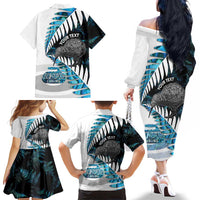 New Zealand Silver Fern Curling Personalised Family Matching Off The Shoulder Long Sleeve Dress and Hawaiian Shirt Aotearoa Kiwi Ponga Paua Shell Version - Polynesian Pride