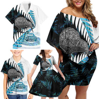 New Zealand Silver Fern Curling Personalised Family Matching Off Shoulder Short Dress and Hawaiian Shirt Aotearoa Kiwi Ponga Paua Shell Version - Polynesian Pride