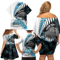 New Zealand Silver Fern Curling Personalised Family Matching Off Shoulder Short Dress and Hawaiian Shirt Aotearoa Kiwi Ponga Paua Shell Version - Polynesian Pride