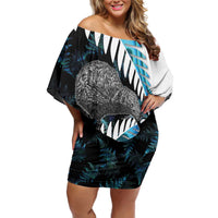 New Zealand Silver Fern Curling Personalised Family Matching Off Shoulder Short Dress and Hawaiian Shirt Aotearoa Kiwi Ponga Paua Shell Version - Polynesian Pride