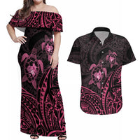 Pink Black Polynesia Floral Sea Turtle Couples Matching Off Shoulder Maxi Dress and Hawaiian Shirt LT14 Black - Polynesian Pride