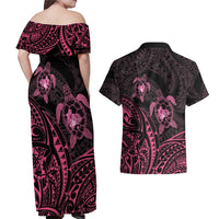 Pink Black Polynesia Floral Sea Turtle Couples Matching Off Shoulder Maxi Dress and Hawaiian Shirt LT14 - Polynesian Pride