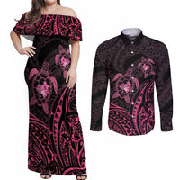 Pink Black Polynesia Floral Sea Turtle Couples Matching Off Shoulder Maxi Dress and Long Sleeve Button Shirt LT14 Black - Polynesian Pride