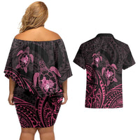 Pink Black Polynesia Floral Sea Turtle Couples Matching Off Shoulder Short Dress and Hawaiian Shirt LT14 - Polynesian Pride