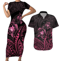 Pink Black Polynesia Floral Sea Turtle Couples Matching Short Sleeve Bodycon Dress and Hawaiian Shirt LT14 Black - Polynesian Pride