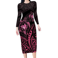 Pink Black Polynesia Floral Sea Turtle Long Sleeve Bodycon Dress LT14 Long Dress Black - Polynesian Pride